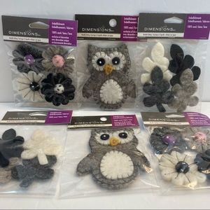 Owl Flowers Leaves Felt Embellishments 100% Wool Coordinated Black Grey